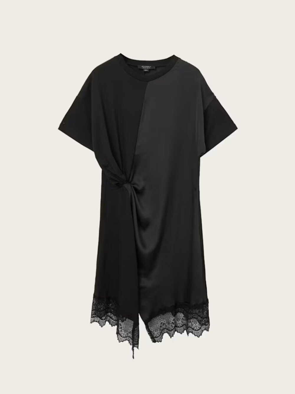 AllSaints Lana Lace Black Ruched T-Shirt Dress Size L